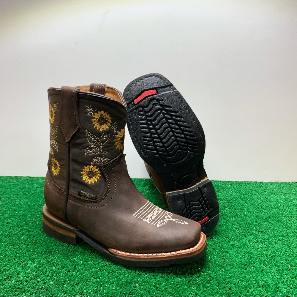 Cowboy Cowgirl western kids brown boots genuine leather sunflower embroidered